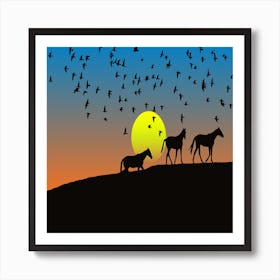 Horses and Birds with sunset Art Print