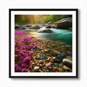 Rocky Stream With Flowers Art Print