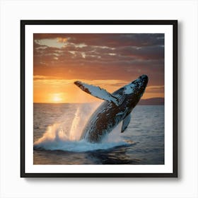 Humpback Whale Breaching At Sunset 16 Art Print