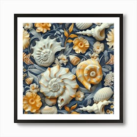 Seamless Pattern With Seashells And Flowers Art Print