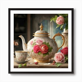 A very finely detailed Victorian style teapot with flowers, plants and roses in the center with a tea cup 3 Art Print