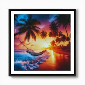 Beach With Palm Trees At Sunset Art Print