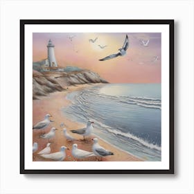 Seashore and seagulls 1 Art Print