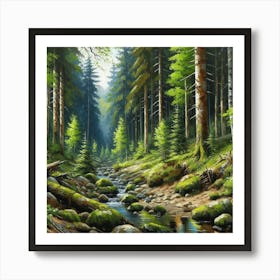 Stream In The Forest, Acrylic Painting Style 12 Art Print