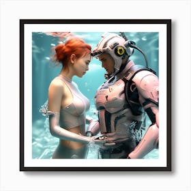 3d Dslr Photography Couples Inside Under The Sea Water Swimming Holding Each Other, Cyberpunk Art, By Krenz Cushart, Both Are Wearing A Futuristic Swimming With Helmet Suit Of Power Armor 3 Art Print