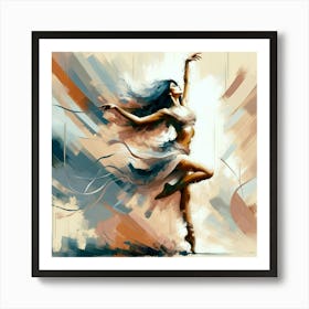 Title: "Whirlwind Elegance: Passionate Dance"  Description: "Whirlwind Elegance: Passionate Dance" is an evocative digital artwork that captures a dancer's fervor amidst abstract strokes. The fluidity of her dress and the wild abandon of her hair are juxtaposed against a backdrop of warm earth tones and brisk brushwork, conveying a sense of unrestrained joy and movement. This piece is perfect for those who appreciate dance art, expressive figures, and abstract backgrounds. It's a standout addition to any collection, bringing the energy of a dance in motion to life. Invite the spirit of dance into your home or gallery with this vibrant and inspiring work. Art Print