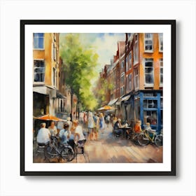 Amsterdam Street.Amsterdam city.summer. Cafes. Passersby, sidewalks. Oil colors. Art Print