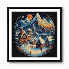 Abstract painting of a mountain village with snow falling 27 Art Print