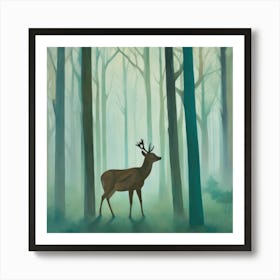 Deer in Misty Forest Series. Style of Hockney. Art Print