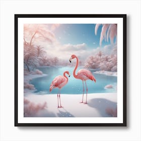 Digital Oil, Flamingo Wearing A Winter Coat, Whimsical And Imaginative, Soft Snowfall, Pastel Pinks, (3) Art Print