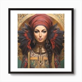The image depicts a woman with long, dark hair and a red headdress, wearing a gold necklace and earrings. She is standing in front of a gold background with intricate patterns and designs. Art Print