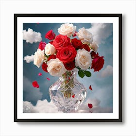 A crystal vase decorwith red nd white roses Art Print