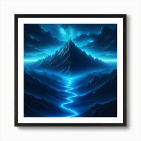 Mystical Blue Mountain Landscape with Glowing River and Nebula Sky Art Print