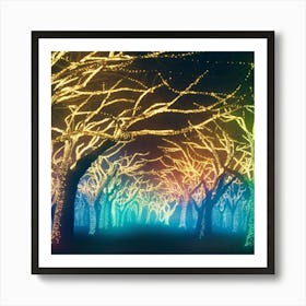 A captivating scene of trees that appear to be alive, with twinkling lights and vibrant 1 Art Print