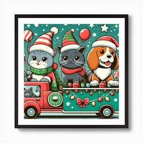 Christmas Truck With Cats And Dogs Art Print