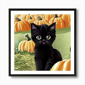 Adorable Black Kitten In Pumpkin Patch Art Print