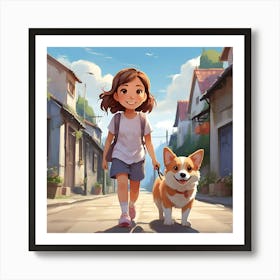 Girl Walking Her Dog Art Print