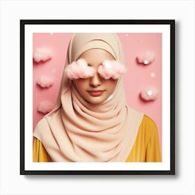 A beautiful young woman wearing a hijab and a dreamy expression on her face. She is surrounded by pink clouds and stars, and her eyes are closed. The image is full of peace and serenity, and it evokes a sense of wonder and mystery. The title of the artwork could be "A Dreamy Vision of a Beautiful Young Woman. Art Print