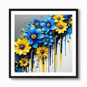 Blue And Yellow Flowers drip graffiti Art Print