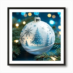 Closeup Of A Shiny White Bauble Adorned With Snowflakes Reflecting The Merry Lights Of A Festive Ch Art Print