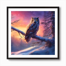 Resting Owl against a Red Sky in the Winter Forest Art Print