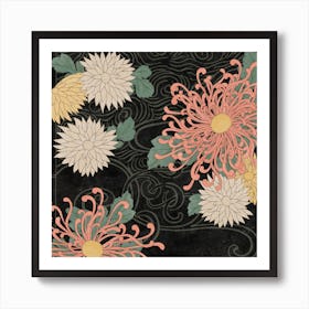 Watery Floral Japanese Woodblock - Black Art Print