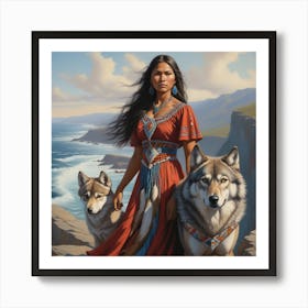 Native woman and wolves Art Print