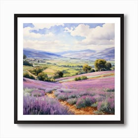 A Water Color Painting Of An Open Landscape With Rolling Hills And Lavender Fields Art Print