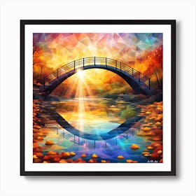 Autumn Landscape With A Arch Bridge Over A River As Aflat Style Color Illustration And Crystal Elements Art Print