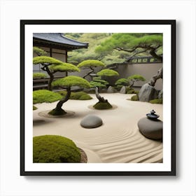 A tranquil scene of a Japanese zen garden with perfectly raked sand, smooth stones, and meticulously pruned bonsai trees. The artwork should evoke calmness and peace, with a minimalist and harmonious composition 1 Art Print