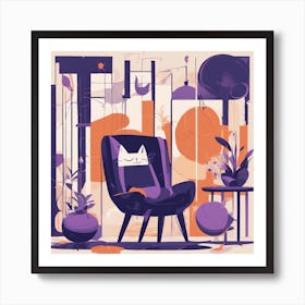 Drew Illustration Of Cat On Chair In Bright Colors, Vector Ilustracije, In The Style Of Dark Navy An Art Print