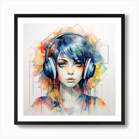 Colourful Geometric Girl With Headphones Watercolour Art Print