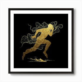 Perseverance and Resilience: A Striking Silhouette Running Through the Storm - Minimalist Art with Gold Botanical Double Exposure on a Dark Background | Painting, Dark Fantasy, Ukiyo-e, Anime, and More. Art Print