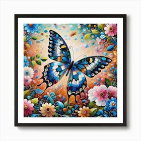 Colourful Butterfly Painting with Flowers II Art Print