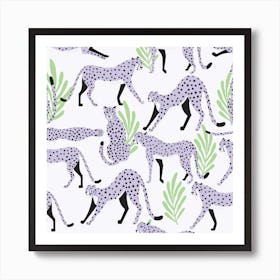 Tropical Light Purple Cheetah Pattern On White With Green Florals Square Art Print