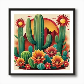 Cactus And Flowers Art Print