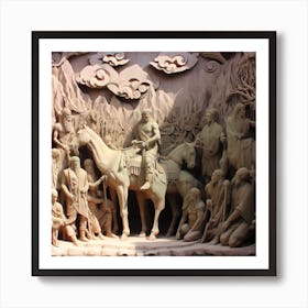 Visualize a scene from the dawn of civilization, with a sculptural representation of nomadic tribes cooperating in their search for sustenance." Art Print