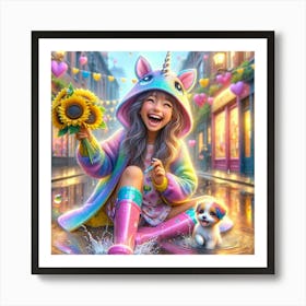 happy young girl, colorful rainbows and sunflowers - Childrens 1 Art Print