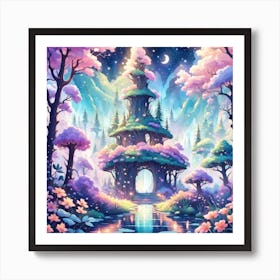 A Fantasy Forest With Twinkling Stars In Pastel Tone Square Composition 449 Art Print