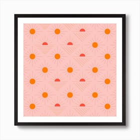 Geometric Pattern With Bright Orange Sunshine On Light Pink Square Art Print