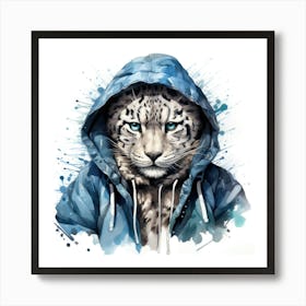 Watercolour Cartoon Snow Leopard In A Hoodie 2 Art Print