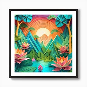 Firefly Beautiful Modern Abstract Lush Tropical Jungle And Island Landscape And Lotus Flowers With A (5) Art Print