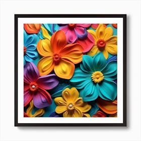 Colorful Flowers On Blue Background Art Print