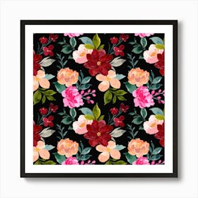 Watercolor Floral Pattern,seamless pattern of colorful watercolor floral on black background Art Print