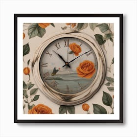 Clock With Roses Art Print