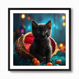 Cute Black Kitten In Basket Art Print