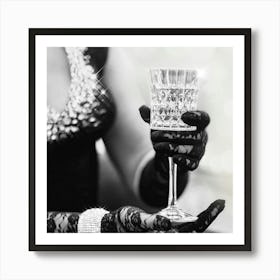 Coquette Girl - Black White Champagne Photo Art Print - Female Glitter Glamour Photography - Photograph - Photographs - SQUARE Art Print