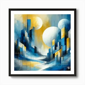 Abstract Blue City With Triple Moons Art Print