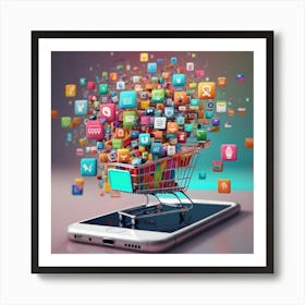 Shopping Cart With Mobile App Icons 1 Art Print