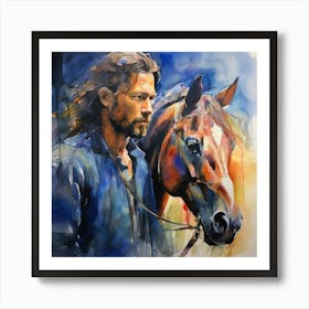 Watercolour Of A Man And Horse Art Print